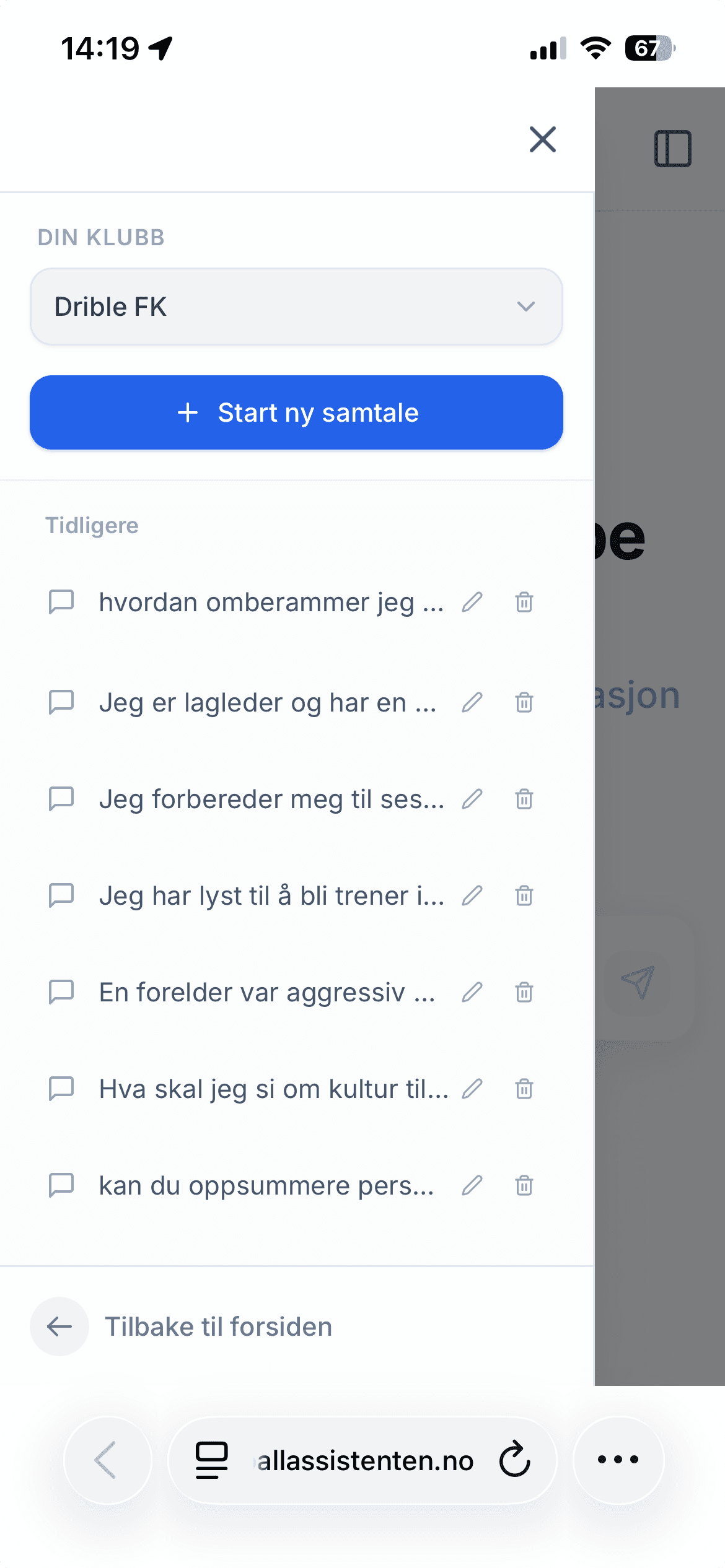 Fotballassistenten Svarassistenten Mobil Meny Skjermbilde